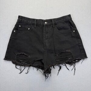 Superdown Black Distressed High Waisted Denim Shorts Size 27 Shredded Raw Hem